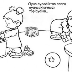 Çocuklar Oyun Oynamayı ve Oyuncakları Toplamayı Öğreniyor - Eğitici Boyama Sayfası