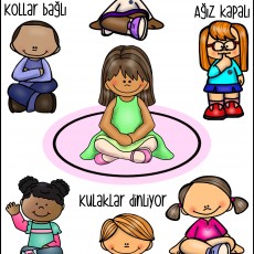 Sınıf İçi Davranış Kuralları Eğitim Materyali - Gözler Açık, Kulaklar Dinliyor, Ağız Kapalı, Kollar Bağlı, El Kaldırarak Konuşuyor, Ayaklar Bağdaş Kurmuş