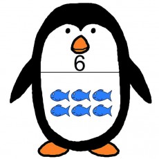 Penguin with Six Blue Fish - Educational Math Concept