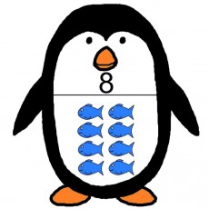 Penguin with 8 Blue Fish: Educational Illustration