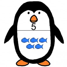 Penguin with 5 Blue Fish - Educational Math Concept