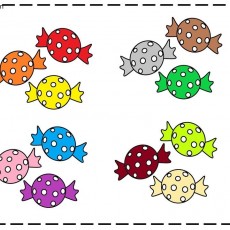 Çeşitli Renklerde Şekerler: 12 adet, Kırmızı (sesli: A, I, Ü), Mavi (sesli: A, İ), Sarı (sesli: A, I), Yeşil (sesli: E, I), Pembe (sesli: E, I), Mor (sesli: O, I), Turuncu (sesli: O, İ) ve 