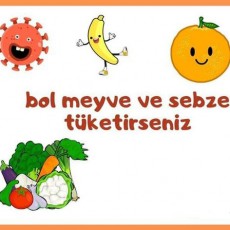 Sağlıklı Beslenme: Bol Meyve ve Sebze Tüketmenin Önemi (1 adet virüs, 1 adet muz, 1 adet portakal, çeşitli sebzeler)
