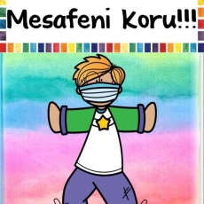 Çocuk Maskeli Karakter ile Sosyal Mesafe Uyarısı Eğitici Materyali