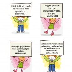 Bilmeceler 8: Hayvanlar ve Nesnelerle İlgili Eğlenceli Bilmece Çalışması (Horoz, Yağmur, Ispanak, Salıncak)