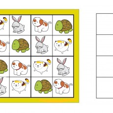 Hayvan Temalı Sudoku Çözümü: 3x3 Kedi, Köpek, Tavşan ve Kaplumbağa İllüstrasyonları