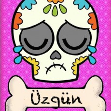 Üzgün Skull Illustration with Colorful Patterns and Bone