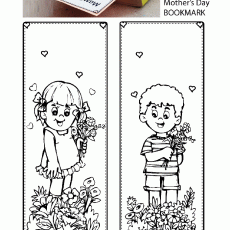 Mother's Day Bookmark Coloring Activity with Two Children and Flowers