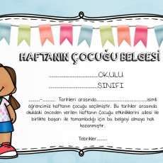 Haftanın Çocuğu Belgesi - Eğitim Sertifikası - 1. Sınıf