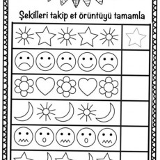 Şekil Takip Etme ve Deseni Tamamlama Çalışması - 4 Farklı Şekil, Üç Duygu Yüzü, 4 Çiçek, 4 Ay ve Yıldız