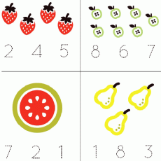 Fruits Counting Educational Material: Strawberries (2, 4, 5), Green Apples (8, 6, 7), Watermelon (7, 2, 1), Pears (1, 8, 3)