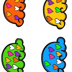 Renkli Kalp Şeklinde Elleri Temsil Eden 4 Grafik Tasarım: 1 Orange (Turuncu), 2 Yellow (Sarı), 3 Green (Yeşil), 4 Blue (Mavi)