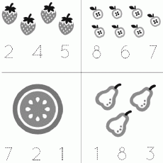 Fruits and Numbers Activity Worksheet: Strawberries, Apples, Cucumbers, and Pears - Learning 2, 4, 5, 8, 6, 7, 7, 2, 1, 1, 8, 3