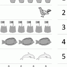 Eğitici Materyal: Sayılar ve Hayvanlar - 1 (5 Kova), 2 (1 Kuş), 3 (4 Bayraklı Kova), 4 (3 Balık), 5 (2 Delfin), 6 (5 Deniz Yıldızı)