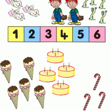 Eğlenceli Sayılar ve Şekiller: 1  (Bir) Bebek, 2  (İki) Çocuk, 3  (Üç) Dışkılı Alien, 4  (Dört) Dondurma, 5  (Beş) Pasta, 6  (Altı) Şeker Kamışı
