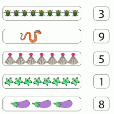 Hayvanlar ve Nesnelerle Sayma Etkinliği: 7 Kedi, 3 Sakarca, 9 Yılan, 5 İstiridye, 1 Yıldız, 8 Patlıcan, 4 Geyik