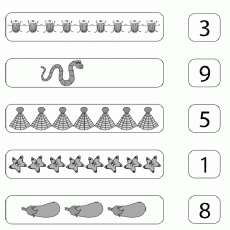 Hayvanlar ve Nesnelerle Sayma: 7 Kurt, 3 Ahtapot, 9 Yılan, 5 Şapka, 1 Yıldız, 8 Patlıcan, 4 Koyun