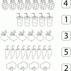 Rakamlar ve Meyve-Sebzelerin Tanıtımı: 4 Ananas, 1 İçecek, 3 Turp, 5 Biber, 2 Ağaç