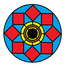 Renkli Geometrik Desen: Mavi, Kırmızı ve Sarı İçeren Daire Şekli