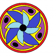 Renkli Geometrik Desenli Çizim: Daire İçinde Üç Renkli Çiçek Motifi