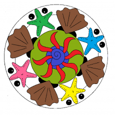 Renkli Deniz Temalı Tabak Grafik Tasarımı - 5 Deniz Yıldızı, 5 Deniz Kabuğu ve 1 Spiral Merkez Motifi