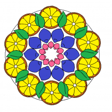 Dört Turuncu Çiçekli Mandala: 8 Sarı Limon, 8 Yeşil Yaprak, 8 Mavi Çiçek ve 4 Pembe Kanat