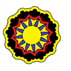 Renkli Geometrik Mandala Deseni: Sarı, Mavi, Kırmızı ve Siyah Kullanımıyla Sanatsal Çizim