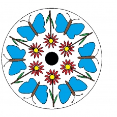 Mavi Kelebekler ve Kırmızı Çiçekler Mandalası (8 Kelebek, 3 Kırmızı Çiçek, 1 Siyah Merkez)