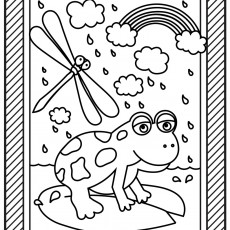 Frog and Dragonfly Coloring Page with Rain and Rainbow