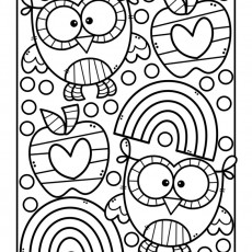 Cute Cartoon Owls and Colorful Apples and Rainbows Coloring Page