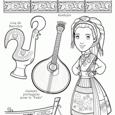 Eğitsel Boyama Sayfası: Portekiz Kültürü - Azulejos, Coq de Barcelos, Fado Gitarı ve Geleneksel Giyim