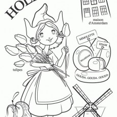 HOLLAND: Tulips, Dutch Girl, Windmill, Cheese Types - Educational Coloring Page