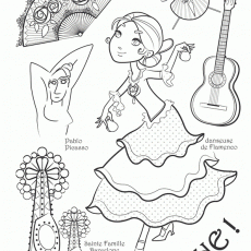 Eğitsel Çizim: Flamenco Dansı ve İspanyol Kültürü, 1 Kadın (DANS), 1 Gitar, 1 Hayali Figür (Pablo Picasso), 2 Santiago de Compostella, 2 Sainte Famille Barcelona