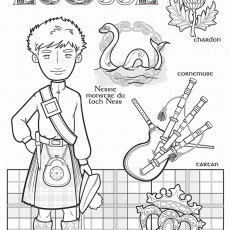 Ecosse: Scottish Culture and Symbols Coloring Page with Nessie, Bagpipes, and Tartan Patterns