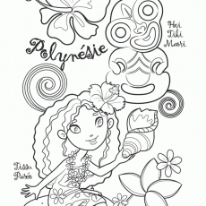 Polynesian Culture Coloring Page with Hibiscus, Tiki, and Girl in Tropical Attire