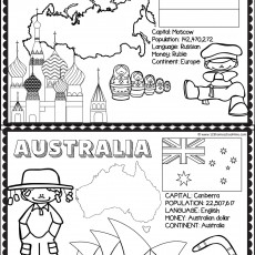 Educational Geography Chart of Russia and Australia: Capitals, Populations, Languages, Currencies, and Continents
