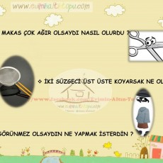 Eğlenceli Sorularla Yaratıcılığı Geliştiren Eğitim Materyali - Makas, Süzecek ve Gizlenme Temaları