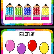 Eğitici Grafik: Kalemler ve Balonlar - 4 Kalem (Dört) ve 4 Farklı Renkli Balon
