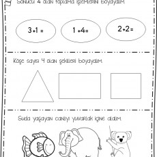 4 Sonuçlu Toplama İşlemleri ve Dört Kenarlı Şekiller Eğlenceli Boyama Etkinliği