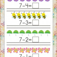 7 sayısına dayalı nesnelerle çıkarma işlemleri - çiçekler, arılar, şemsiyeler ve kelebeklerle temel matematik eğitimi