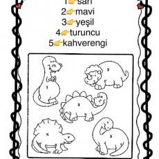 Renkler ve Dinozorlar: 1=sarı, 2=mavi, 3=yeşil, 4=turuncu, 5=kahverengi