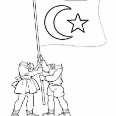 Bayrak Taşıyan İki Çocuk Çizimi