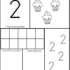 2 Rakamı ile Sayma ve Çizim Etkinliği: 2 Kutucuk Boyama, 2 Cupcake Resmi, 2 Elma Çizip Boyama, 2 Çubuk Çizim Alıştırması
