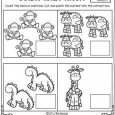 Count and Match Educational Activity: 2 Monkeys, 4 Cows, 3 Dinosaurs, 1 Giraffe