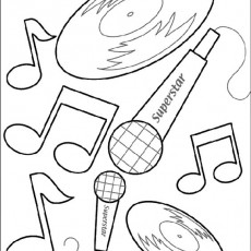 Müzik Temalı Boyama Sayfası: Plak, Mikrofon ve Nota İllüstrasyonları