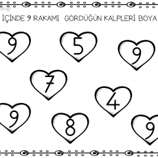 Kalp İçinde Sayılar: 4, 5, 6, 7, 8, 9, 9 Rakamlarını Boya Et