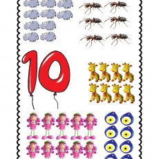 Eğitici Görsel: Rakamlar ve Sayılarla Tanışma - 10 Sayısı, Hayvanlar, Çocuk Figürleri, Antik Kırmızı Balon