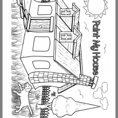 Eğlenceli Boyama Sayfası: Ev ve Doğa Teması (Paint My House) - Rakam 1, Kedi, Bulutlar, Güneş, Ağaç, Çit