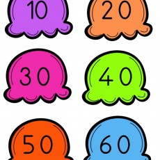 Renkli Ahtapotlar ile Sayılar: 10, 20, 30, 40, 50, 60 (Purple, Orange, Pink, Green, Blue)