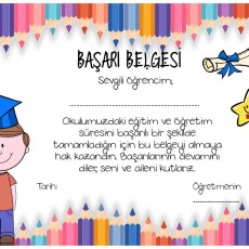 Öğrenci Başarı Belgesi - Renkli Kalemler ve Mezuniyet Şapkası